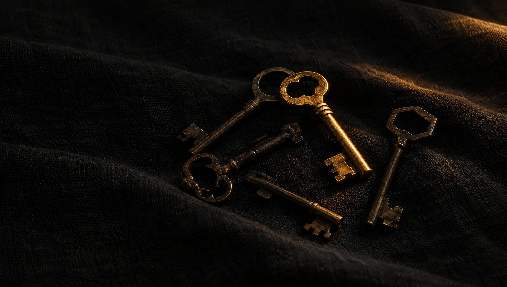 Five old brass keys lying on dark charcoal linen in low warm light