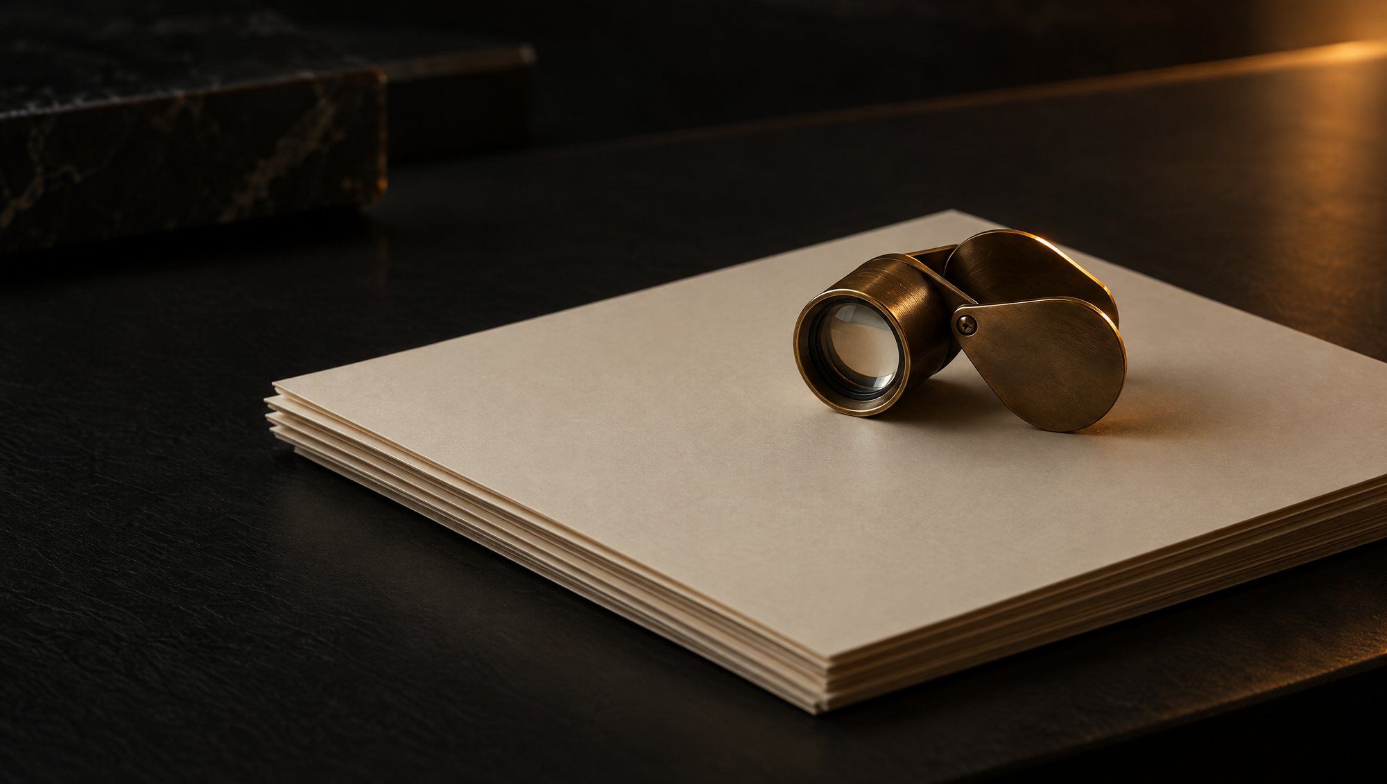 A brass jeweler's loupe resting on a stack of blank cream paper on a dark desk