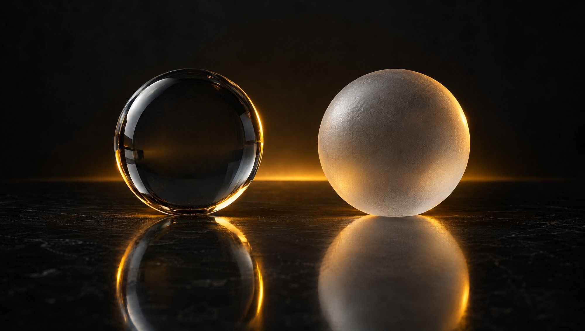 Two glass spheres side by side on a dark reflective surface, one clear and one frosted