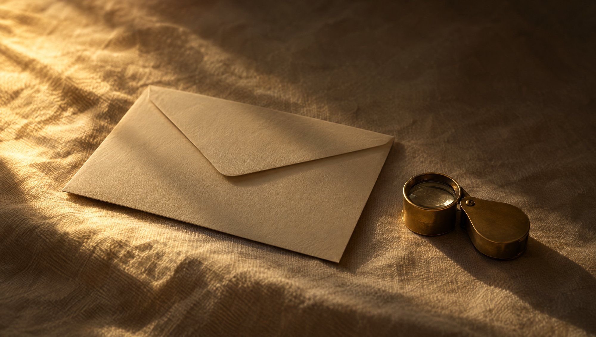 A closed, unmarked cream paper envelope and a small brass jeweler's loupe resting on wrinkled cream linen, lit from the left by warm ochre light.