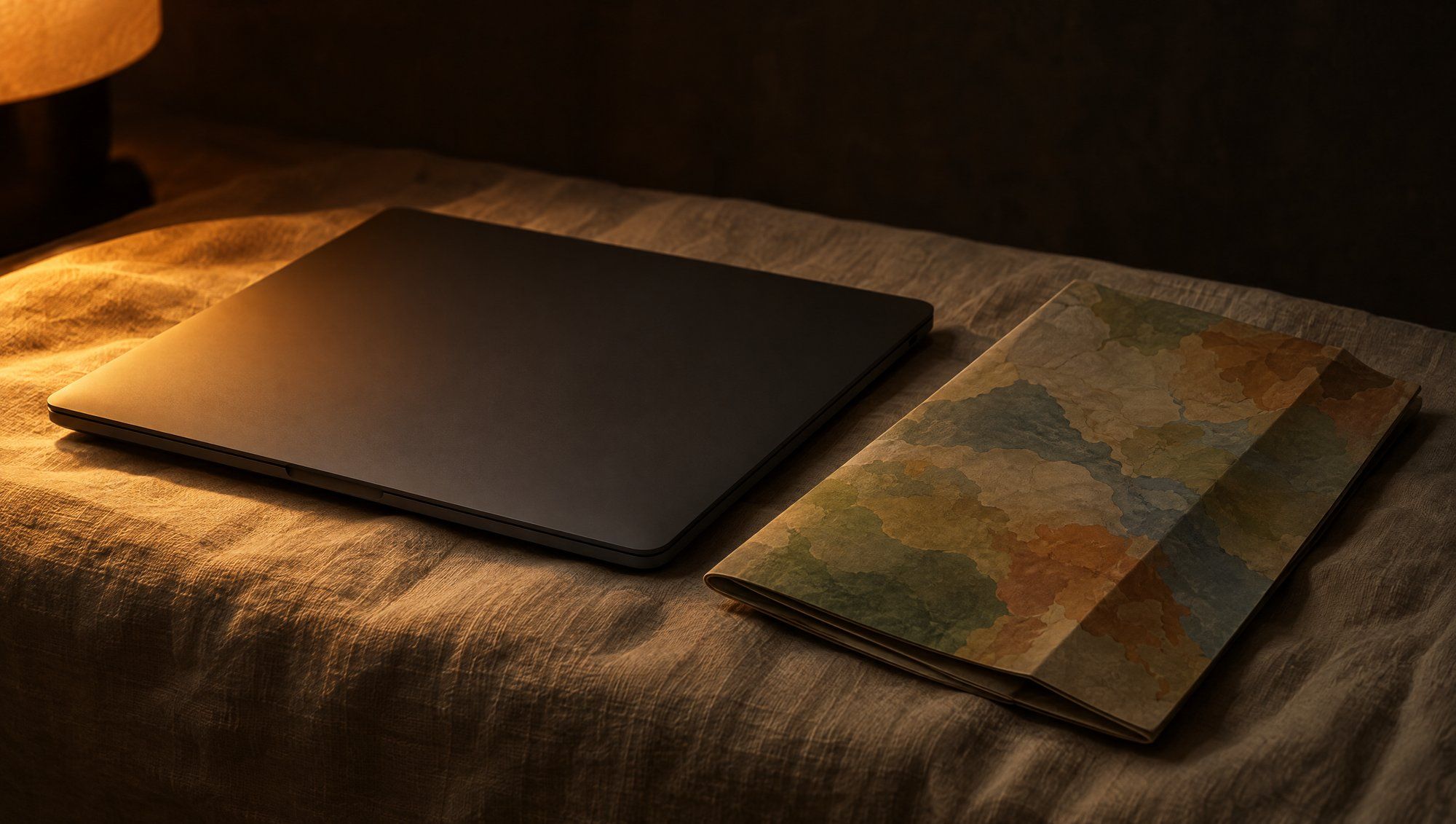 A closed dark laptop beside a folded, colorful paper map on cream linen, lit by a warm lamp