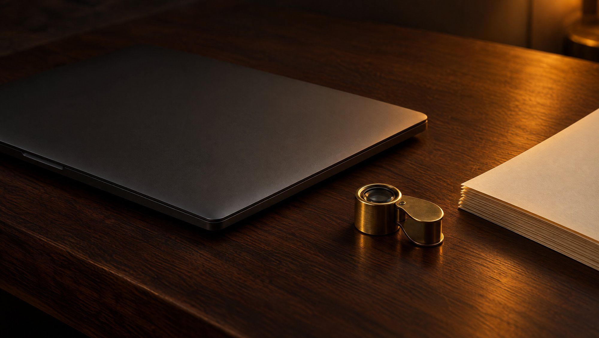 A closed dark laptop, a small brass jeweler's loupe and a stack of blank cream paper on a dark wooden desk in warm amber lamplight