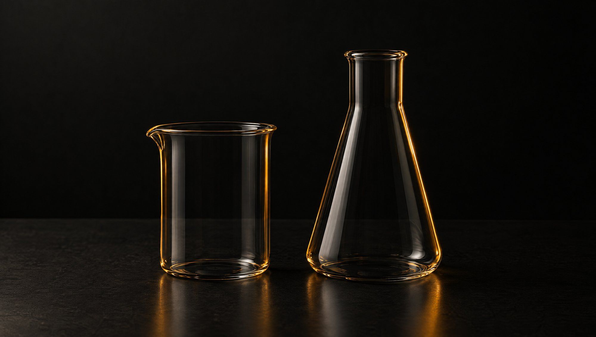An empty glass beaker and an empty conical flask on a dark bench, edges lit in amber
