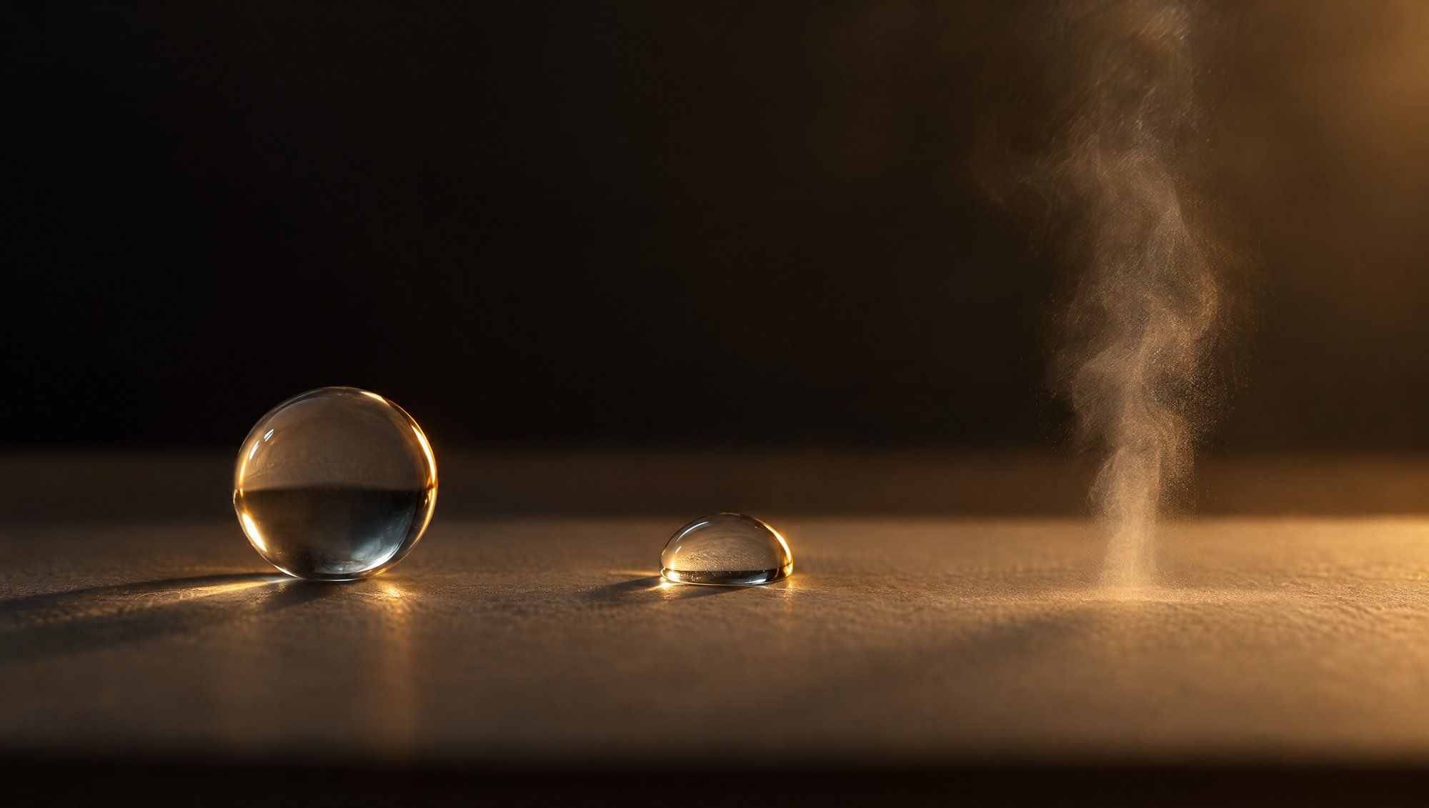 A clear glass bead, a single water droplet and a thin plume of mist arranged left to right on cream paper in a dark room, each outlined by warm ochre rim light.