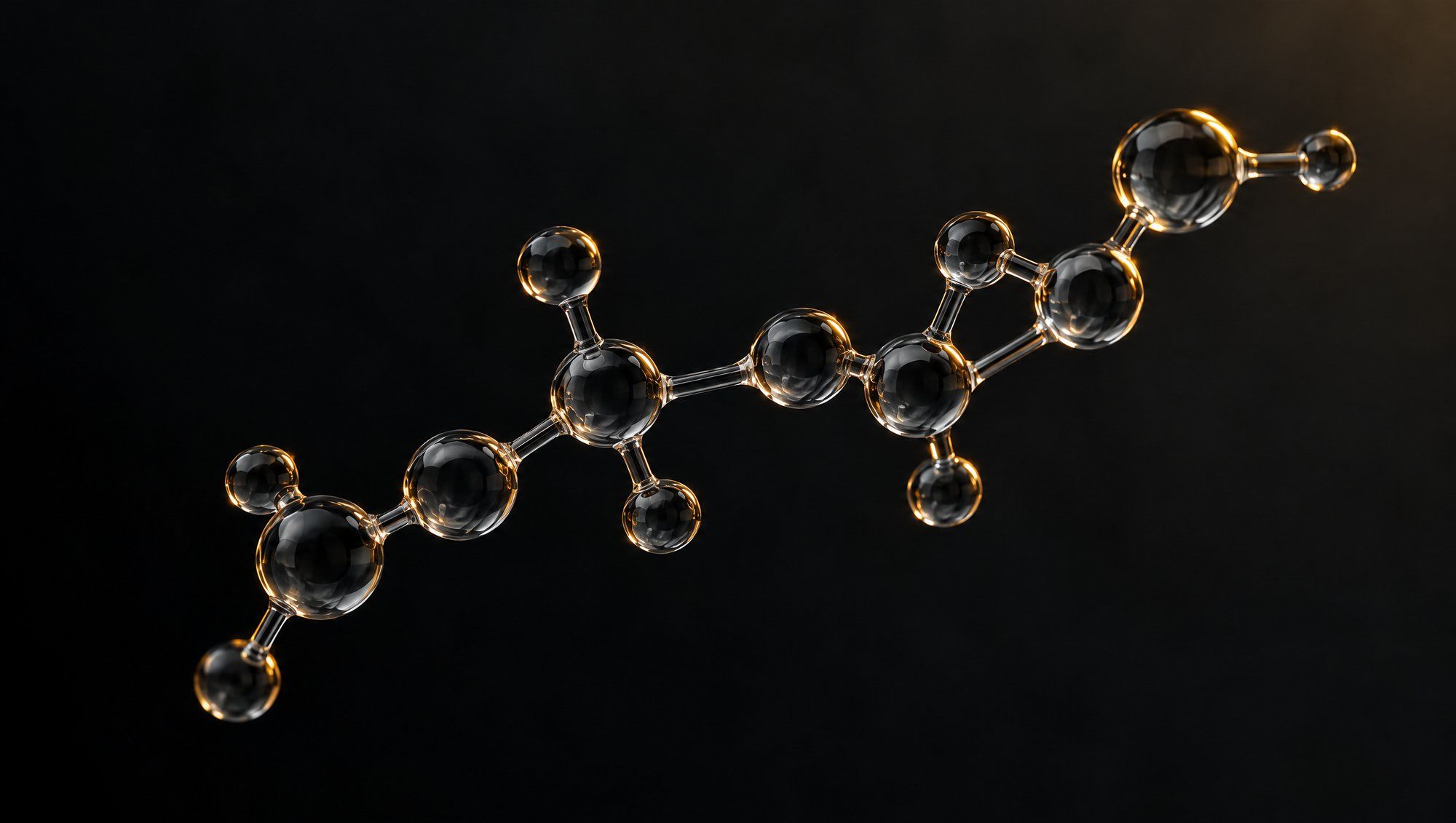 A molecular model of a short chain built from clear glass beads and rods, lit from one side with warm amber light on a black background