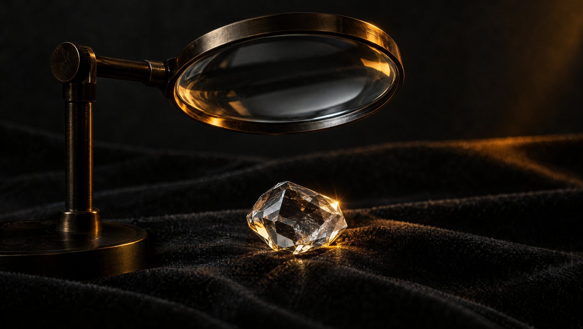 A magnifying glass on a stand above a faceted clear crystal on dark velvet